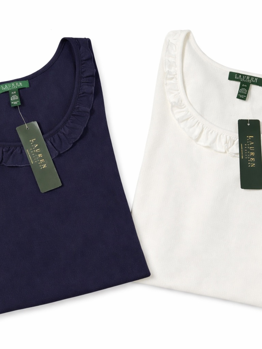 Lauren Ralph Lauren Navy & White Ruffle Scoop Neck Tanks (2-Pack) PS